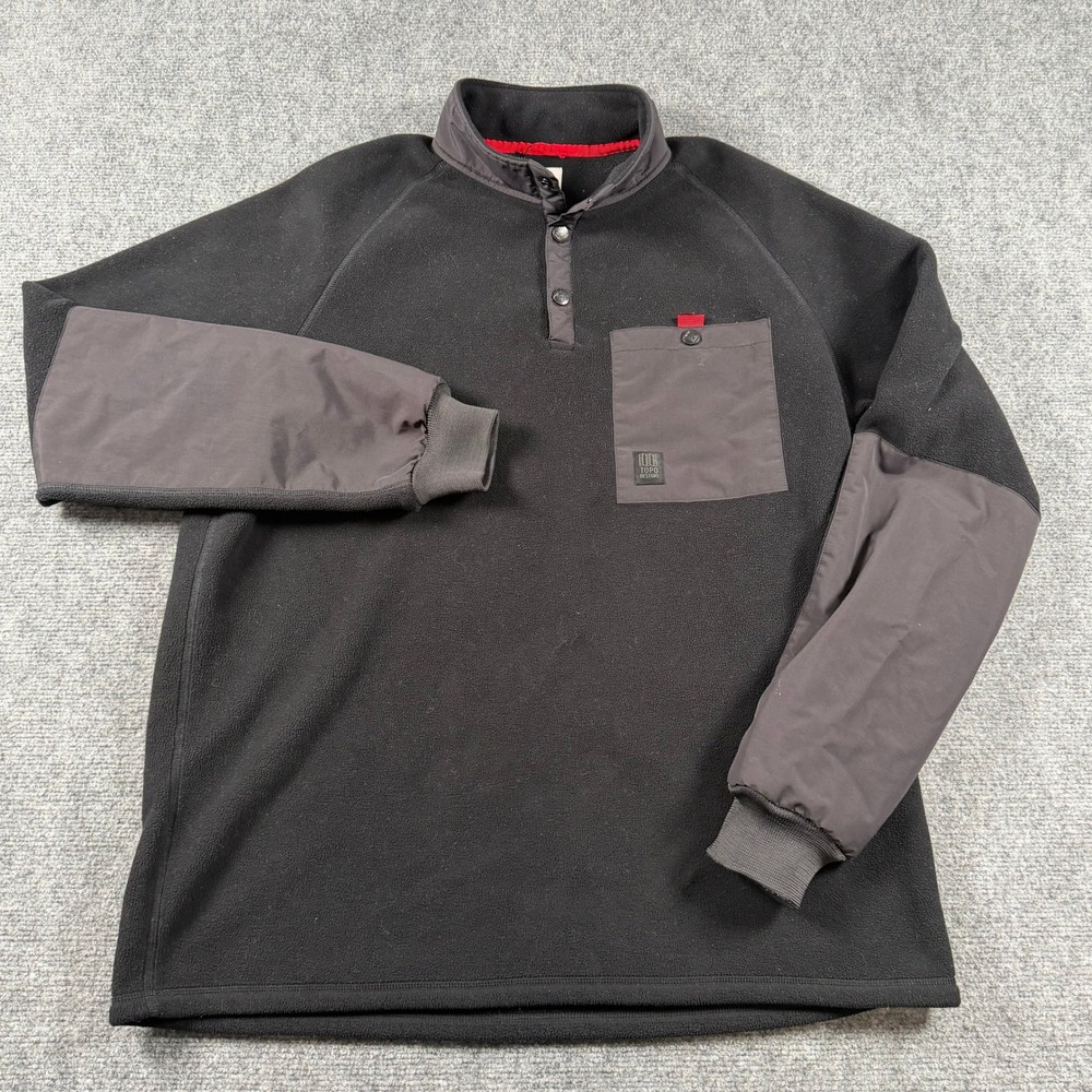 Topo Designs Mountain Fleece Mens XL Black Snap Neck Pullover Elbow Patch Hiking